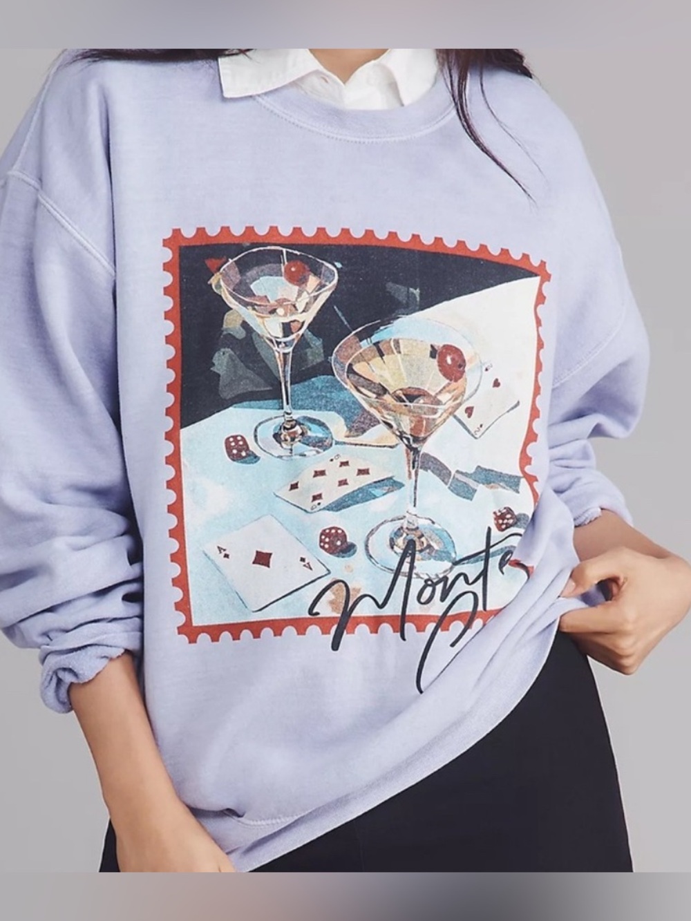 Anthropologie Game Night Graphic Martini Sweatshirt Top in Lavender